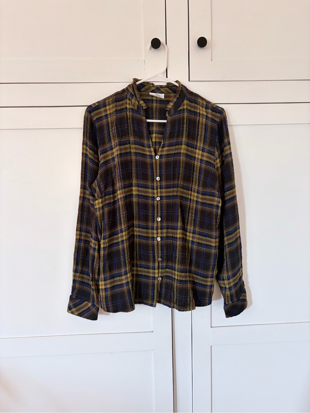 J.Jill Navy Yellow Plaid Button Up Shirt Size Medium